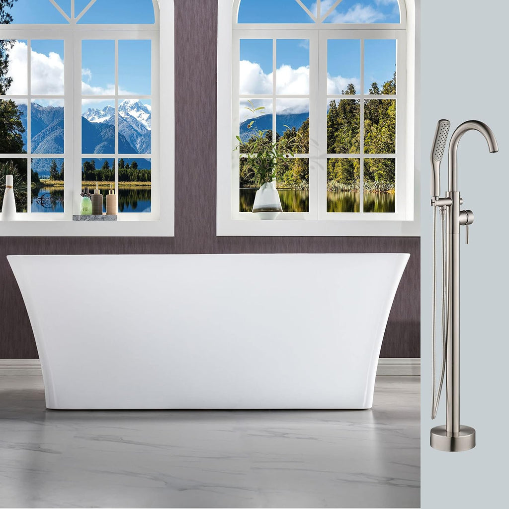 WOODBRIDGE 59' Freestanding White Acylic Soaking Bathtub with Drain Kit and Floor Mount Tub Filler, BTA1509-B/N-Drain &O +F0001BNSQ, With Brushed Nickel Drian