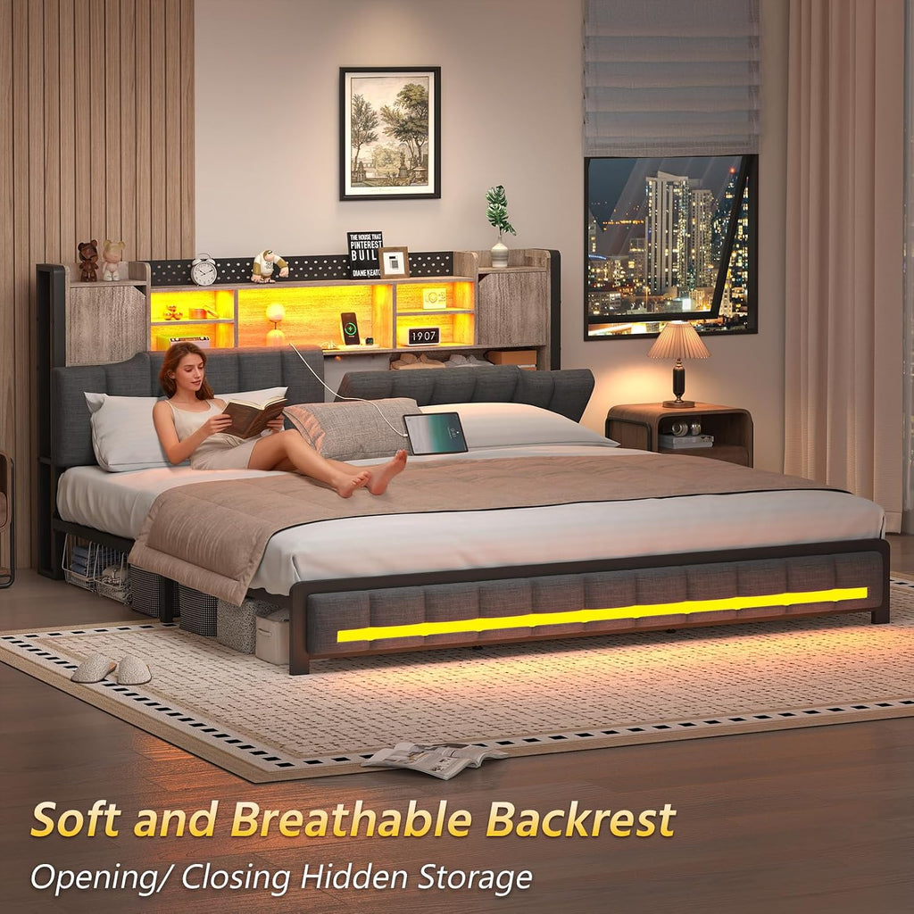 CSZZD King Size Bed Frame and Bookcase Storage Headboard, LED Upholstered Platform Bed Frame with USB Charging Station, Heavy Duty Metal Slats, No Box Spring Needed, Easy Assembly, Oak Gray