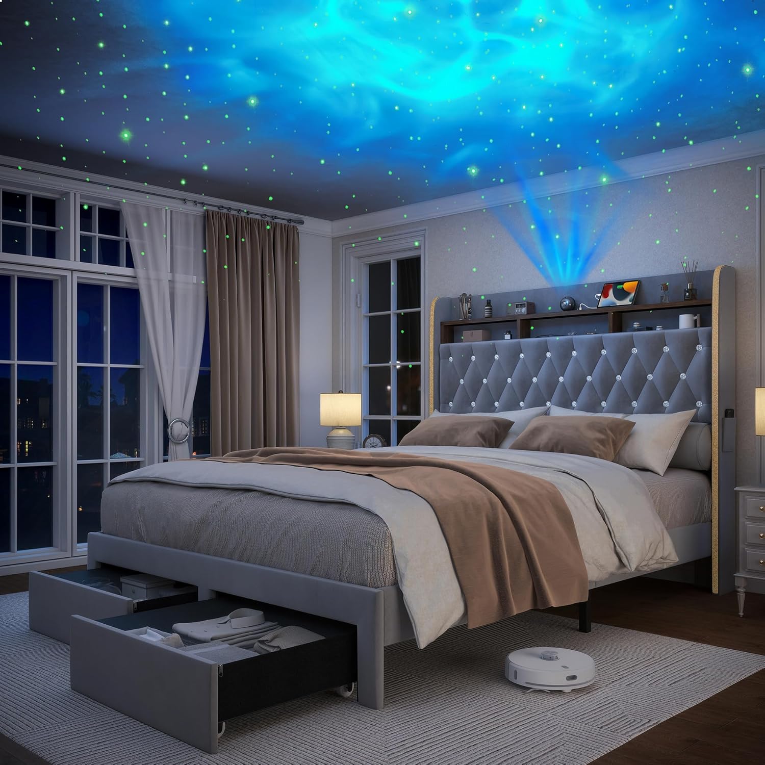 Torana Full LED Bed Frame with 2 Drawers, 53' Tall Platform Beds with Galaxy Star Projector Charging Station, Velvet Upholstered Diamond Tufted Aurora Bedframe with Storage Headboard, Grey