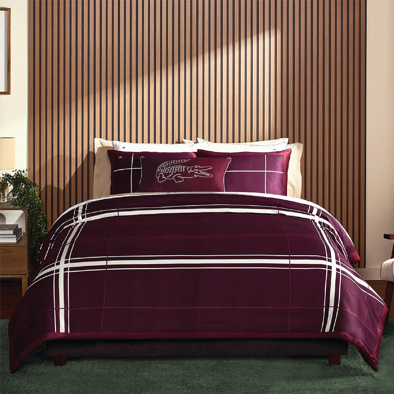 Lacoste Playful Checks Cotton Sateen 300-Thread Count Comforter Set – Medium Warmth, Oeko Tex Certified, Machine Washable, Burgundy, Full/Queen