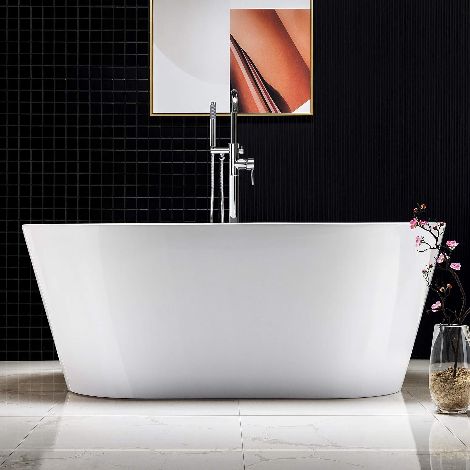 WOODBRIDGE 59' Freestanding White Acylic Soaking Bathtub with Chrome Drain and Overflow, BTA1514-C