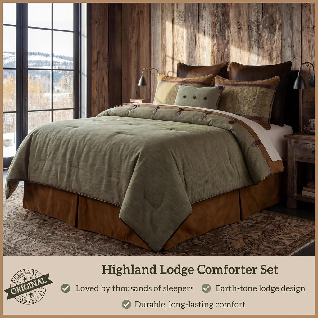 Paseo Road Highland Lodge Rustic Bedding Twin Size Comforter Set, 4 Piece Rustic Comforter Set with Bed Skirt, Sham, Accent Pillow, Green Brown Chenille Jacquard Cabin Bedding Set, Cozy Lodge Bedding