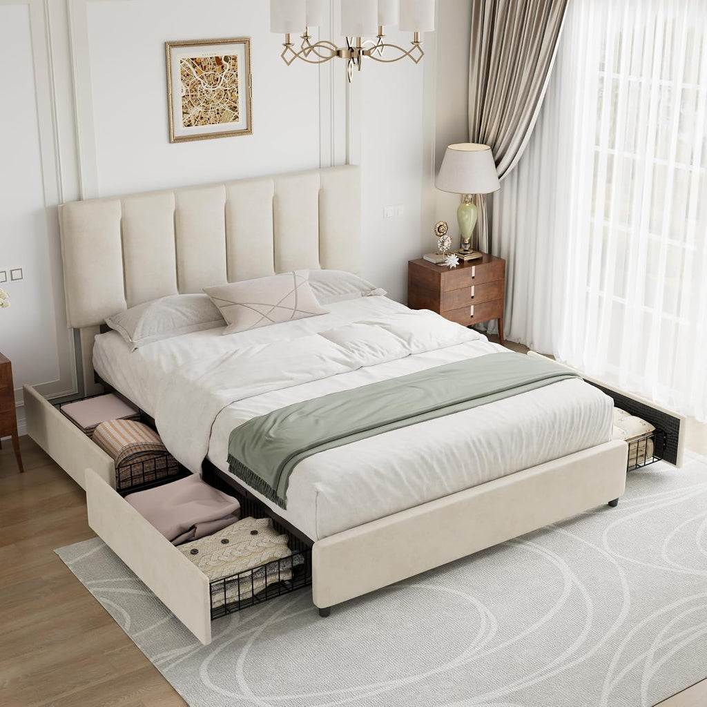 VECELO Full Size Bed Frame with 4 Storage Drawers, Adjustable Height Headboard, Heavy-Duty Platform Bedframe with Strong Wooden Slats, No Box Spring Needed, Pale Beige