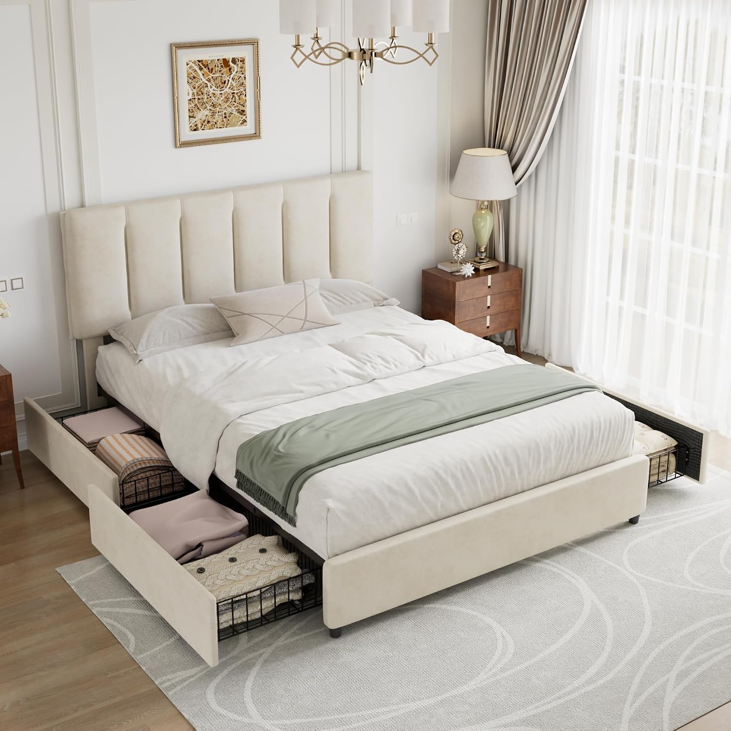 VECELO Full Size Bed Frame with 4 Storage Drawers, Adjustable Height Headboard, Heavy-Duty Platform Bedframe with Strong Wooden Slats, No Box Spring Needed, Pale Beige