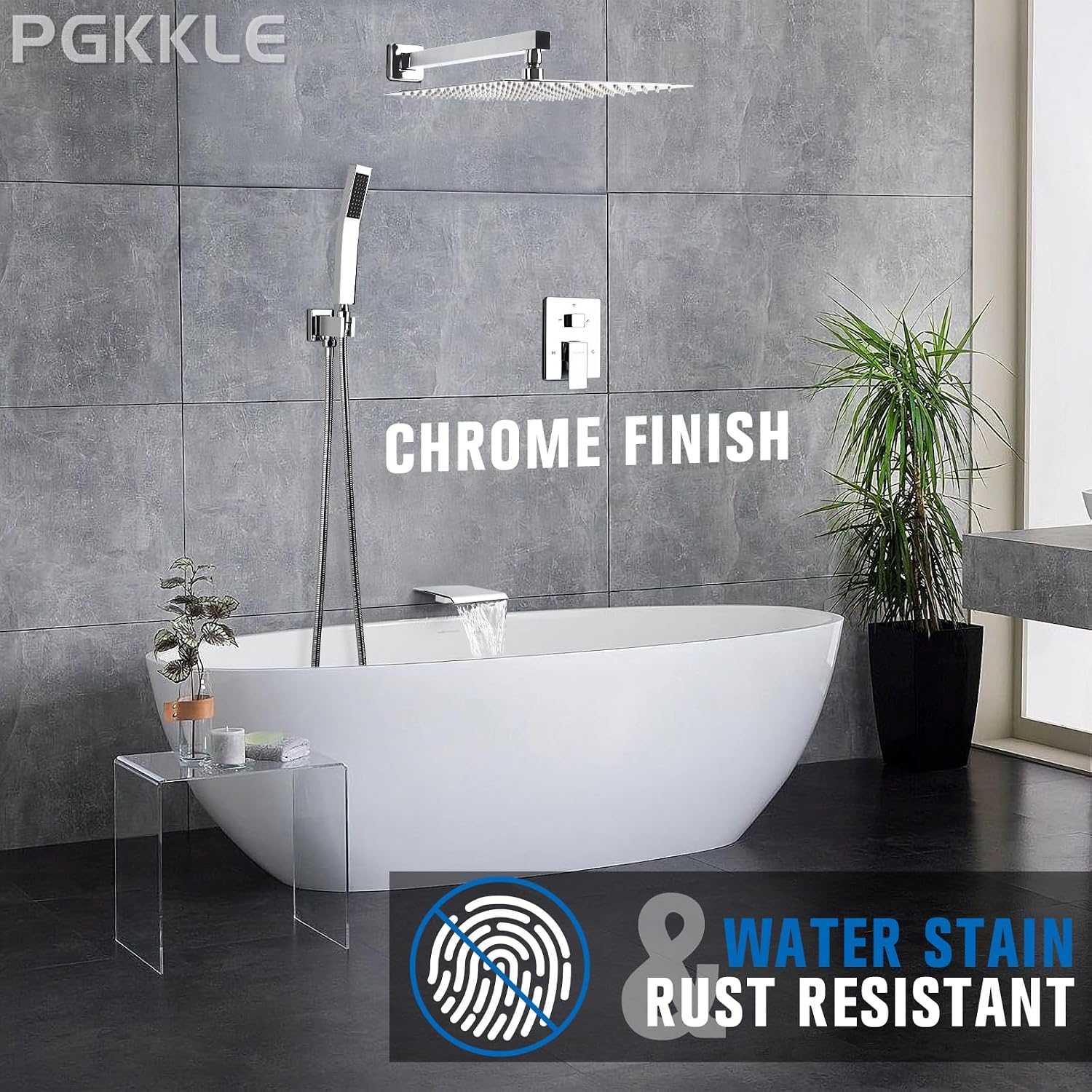 10 Inch Rainfall Shower System with Tub Spout Wall Mounted Complete Combo with Solid Brass Pressure Balancing Valve, High Pressure Shower Head, Handle Set & Installation Accessories Chrome