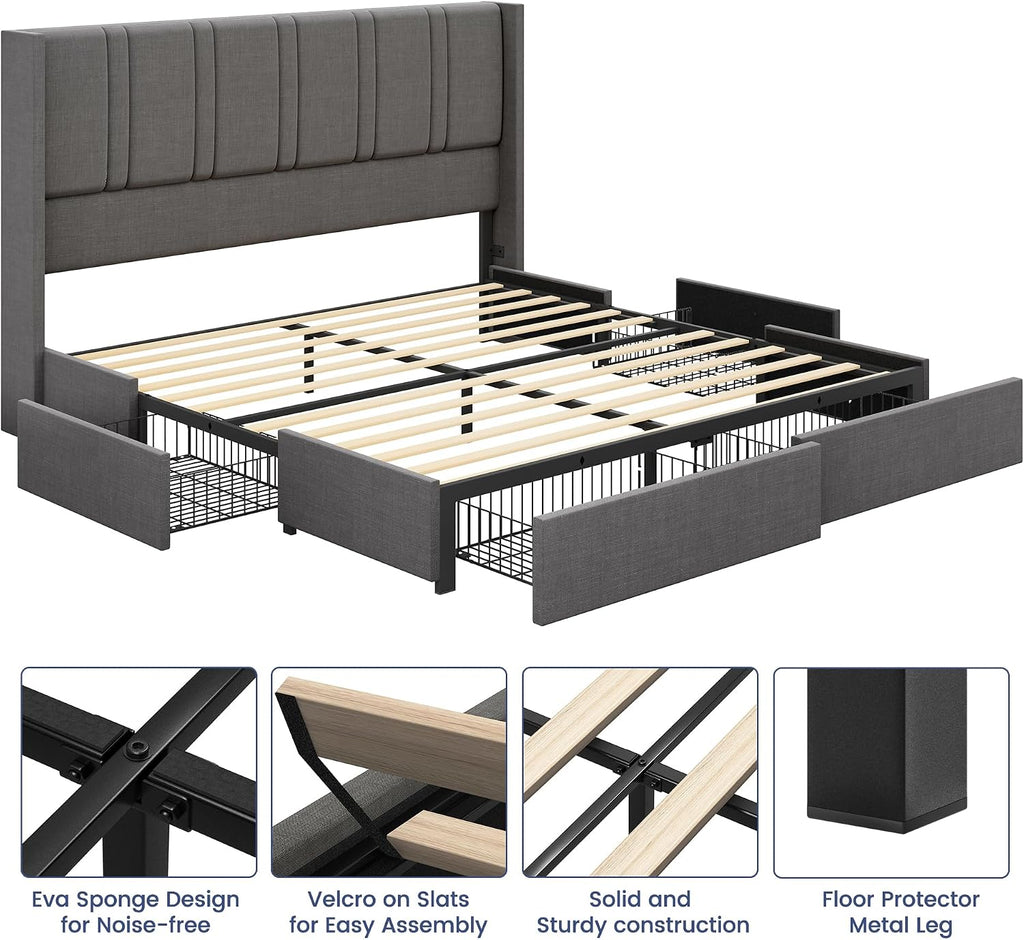 BRELTAM Queen Size Bed Frame with 4 Storage Drawers Linen Upholstered Platform Bed with Wingback Headboard, No Box Spring Needed, Easy Assembly, Light Grey