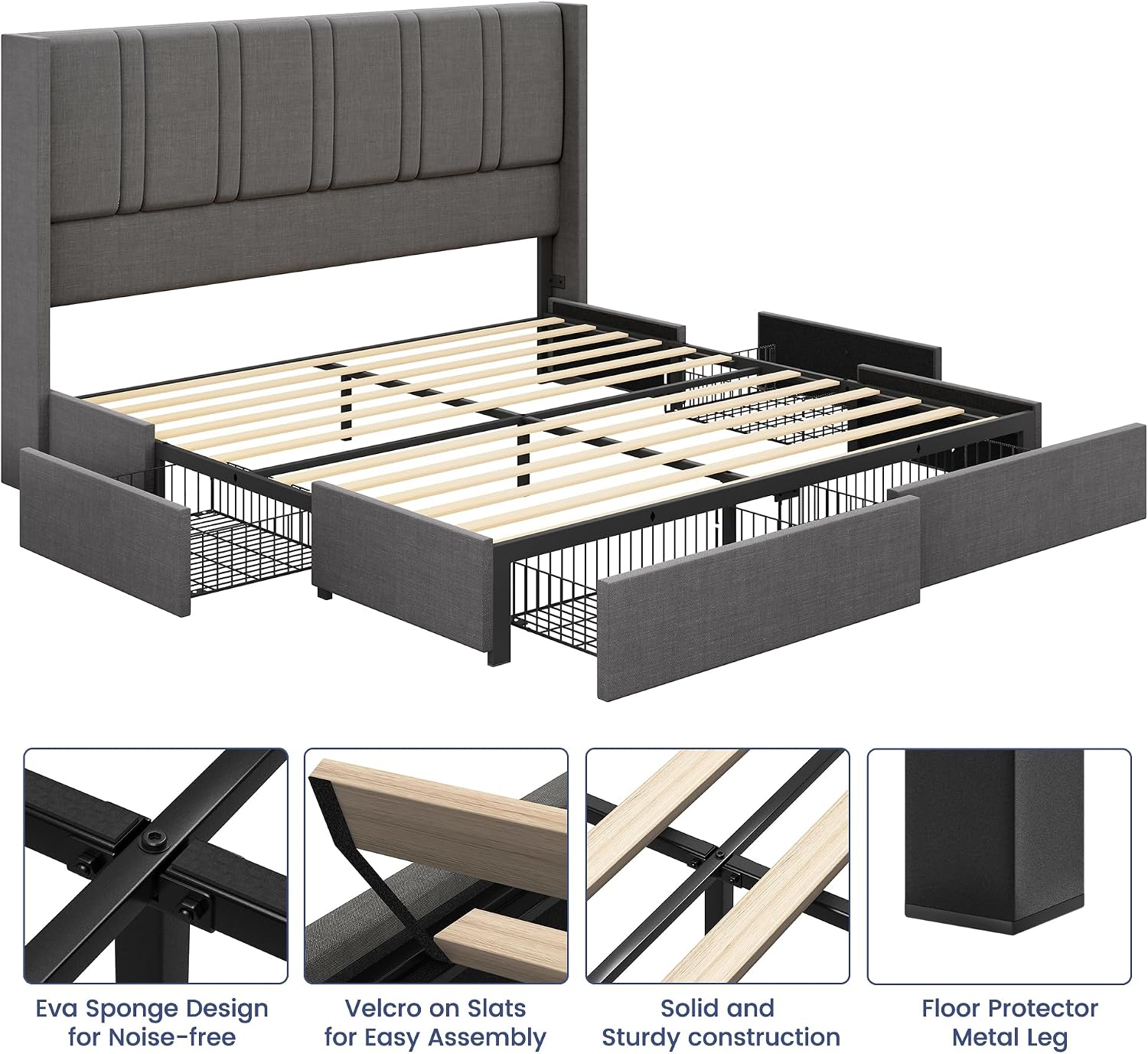 BRELTAM Queen Size Bed Frame with 4 Storage Drawers Linen Upholstered Platform Bed with Wingback Headboard, No Box Spring Needed, Easy Assembly, Light Grey