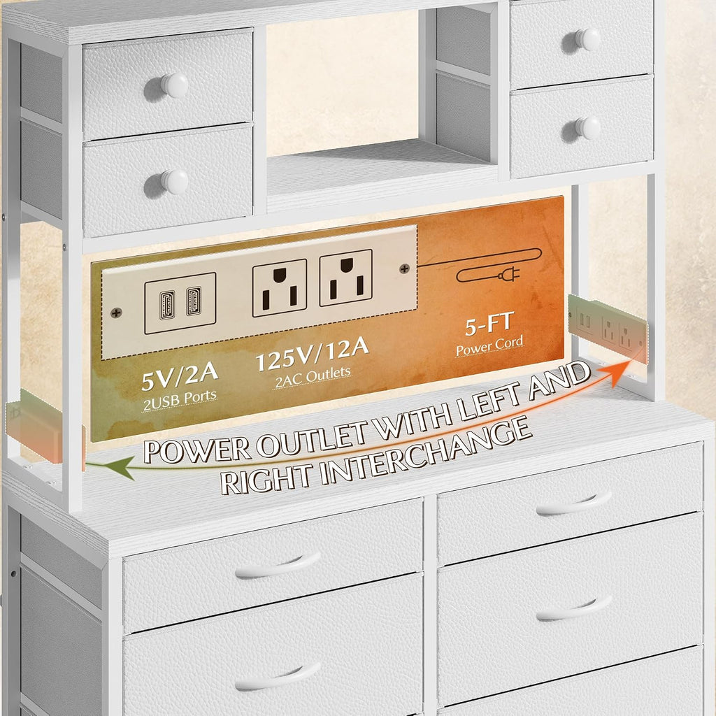 EnHomee 62.8' H Dresser for Bedroom with Multiple Fabric Drawers,White Dresser with Charging Station and LED Lights,Dressers & Chests of Drawers for Bedroom, Steel Frame & Wooden Top, Entryway