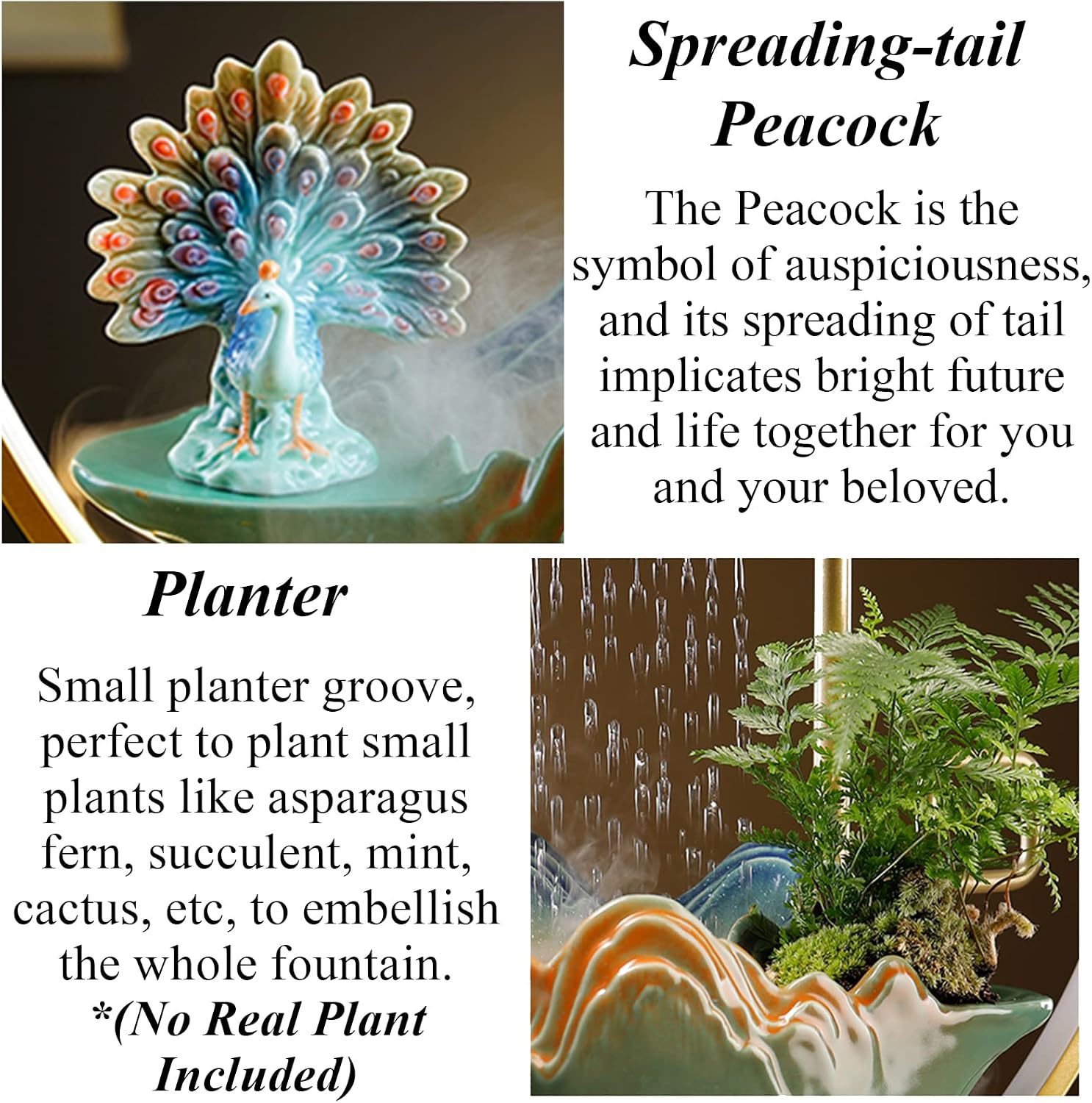Peacock Tabletop Water Fountains Indoor Waterfall with LED Light Desktop Fountain for Meditation with Mist Japanese Fountain with Fake Plants Feng Shui Office Home Decor for Good Luck Wealth