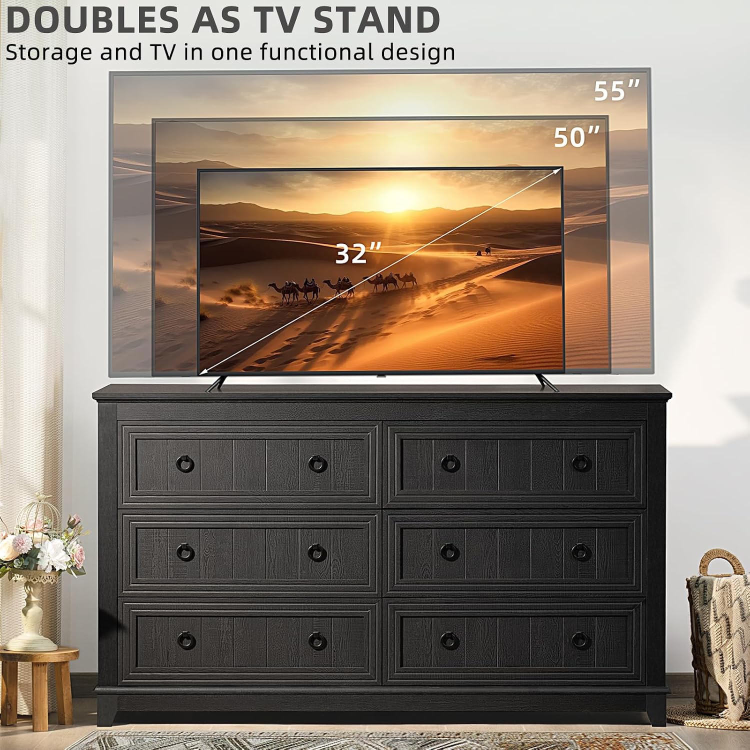 Joaxswe Farmhouse Dresser and Nightstand Sets 3 Piece, Nightstands Set of 2 and 6 Drawers Dresser for Bedroom, 54' Wide Dresser and 18' Inch Night Stand Set for Bedroom, Living Room, Hallway