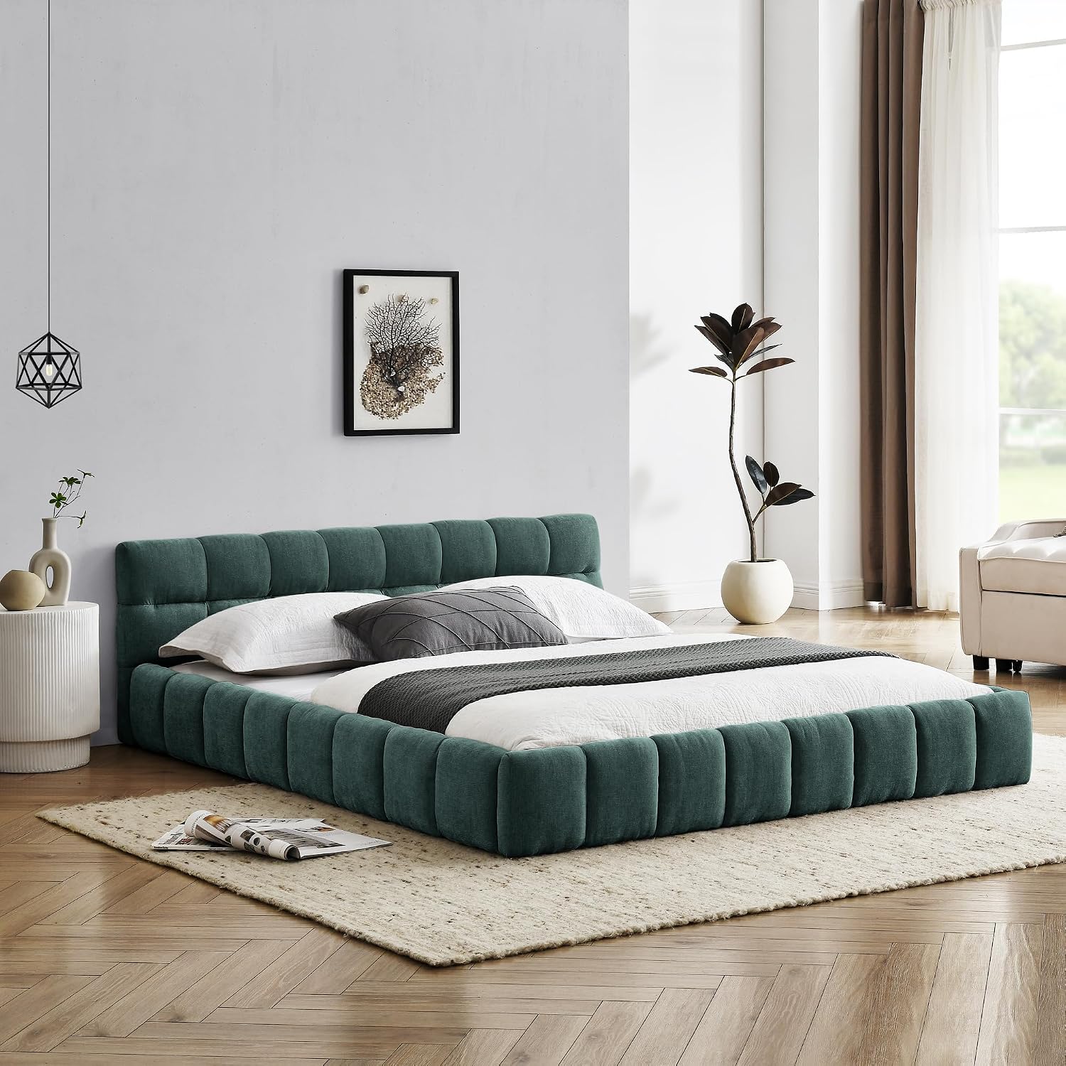 extrasleep Queen Size Soft Cloud Bed Frame, Chenille Upholstered Platform Beds with Thick Headboard, Queen Floor Bed with Solid Wood Frame, No Box Spring Needed, Easy Assembly, Green