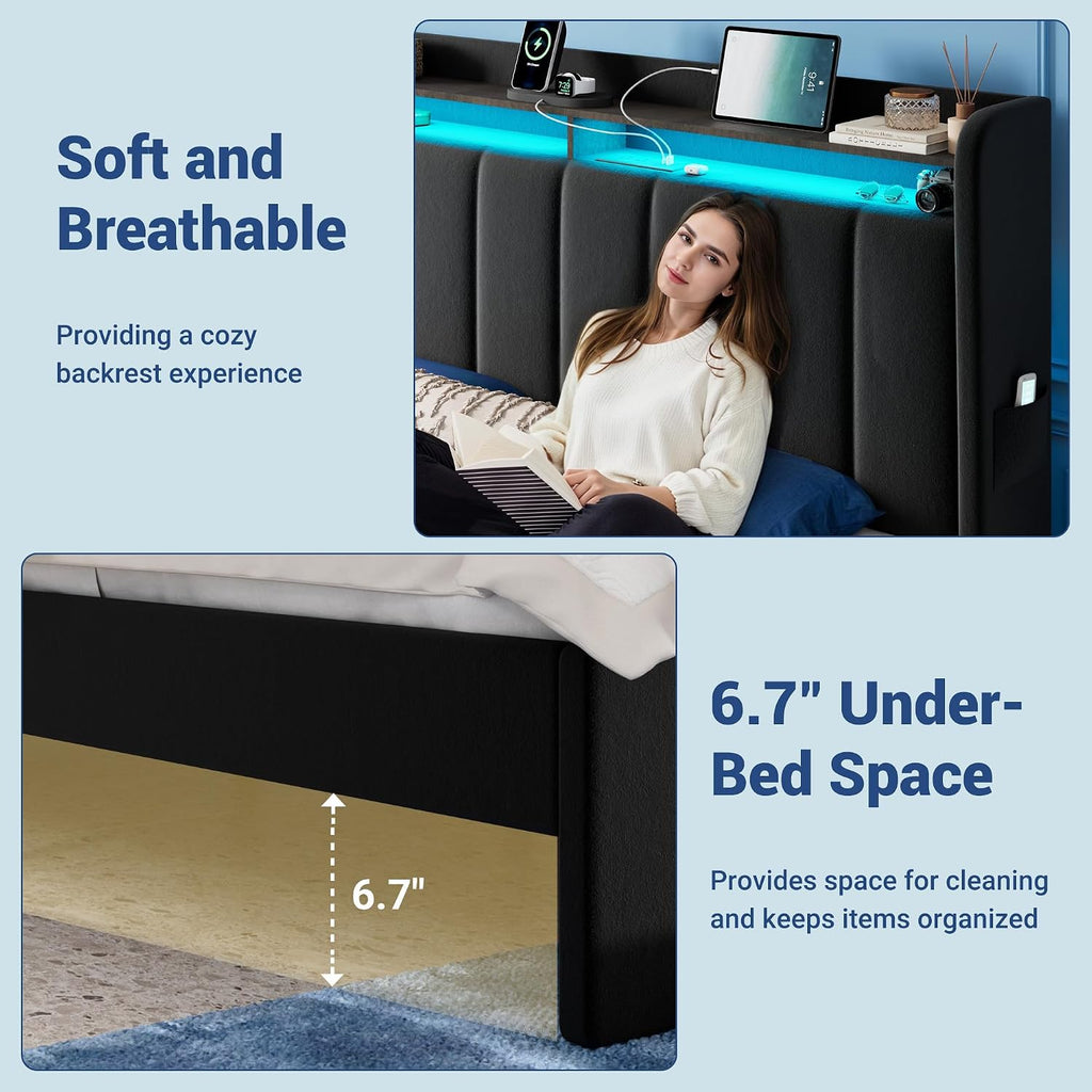 Allewie King Size Bed Frame with 2-Tier LED Storage Headboard, Velvet Upholstered King Platform Bed with 2 Storage Drawers, USB & Type-C Charging Ports, Noise-Free/No Box Spring Needed, Black