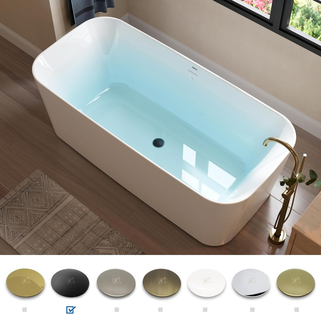 FerdY Maui 67' Acrylic Freestanding Bathtub, Contemporary Elegant Design Soaking Tub with Matte Black Drain and Minimalist Linear Design Overflow, Easy to Install