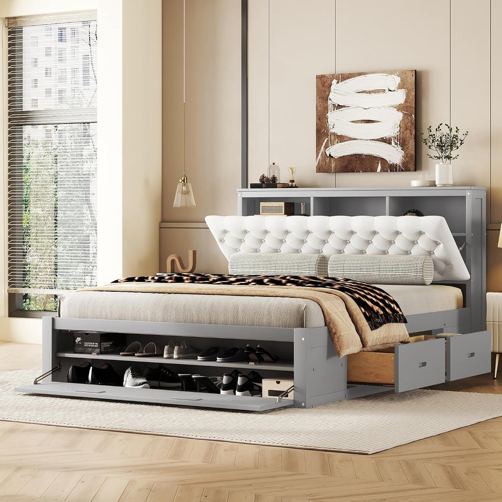 Harper & Bright Designs Queen Storage Bed Frame with Shoes Rack, Wood Queen Platform Bed with Upholstered Headboard and 4 Drawers, Modern Queen Size Bed for Bedroom, No Box Spring Needed, Gray
