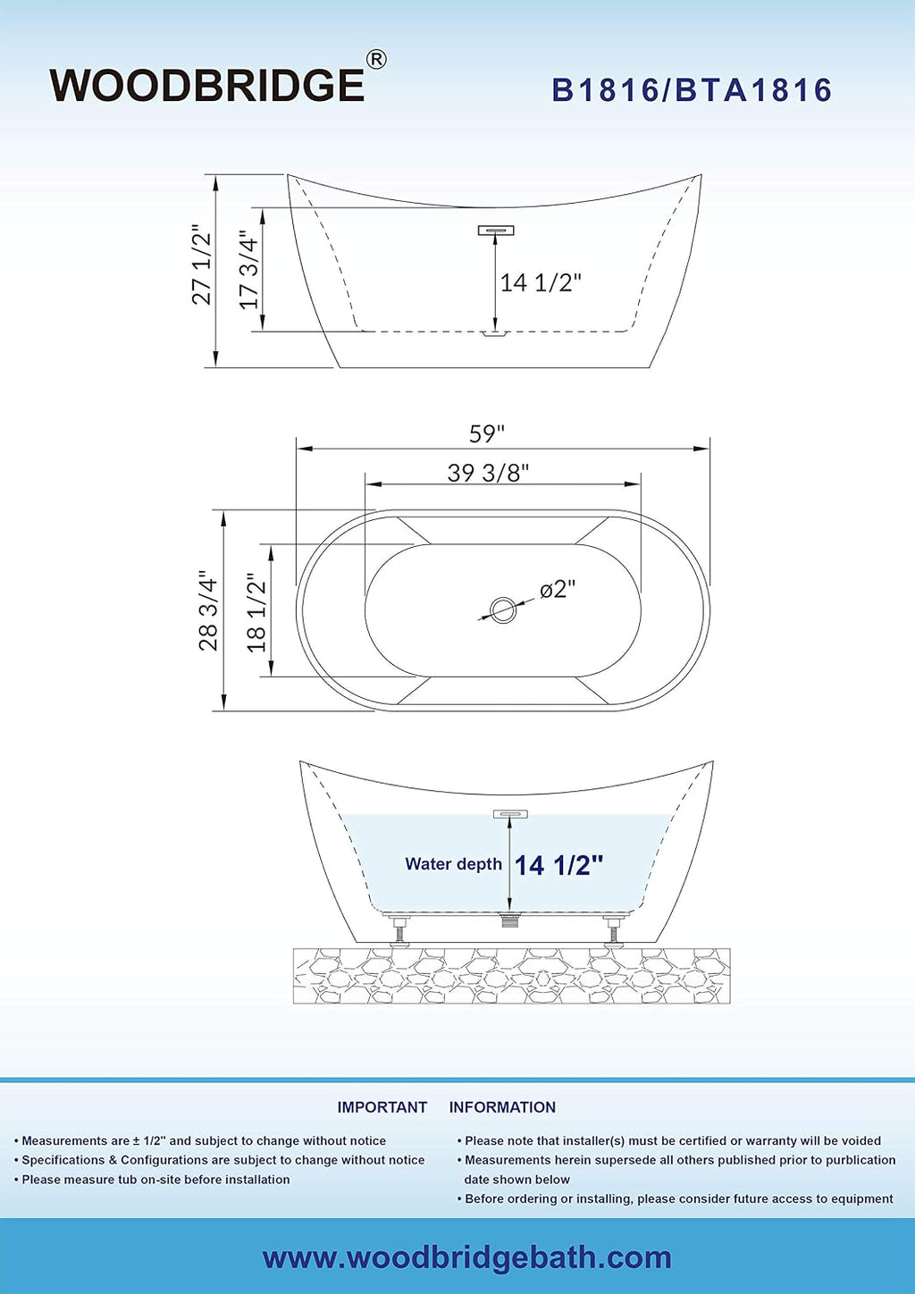 WOODBRIDGE 59' Acrylic Freestanding Bathtub Contemporary Soaking Black Tub with Matte Black Overflow and Drain，B1816-MB-Drain &O