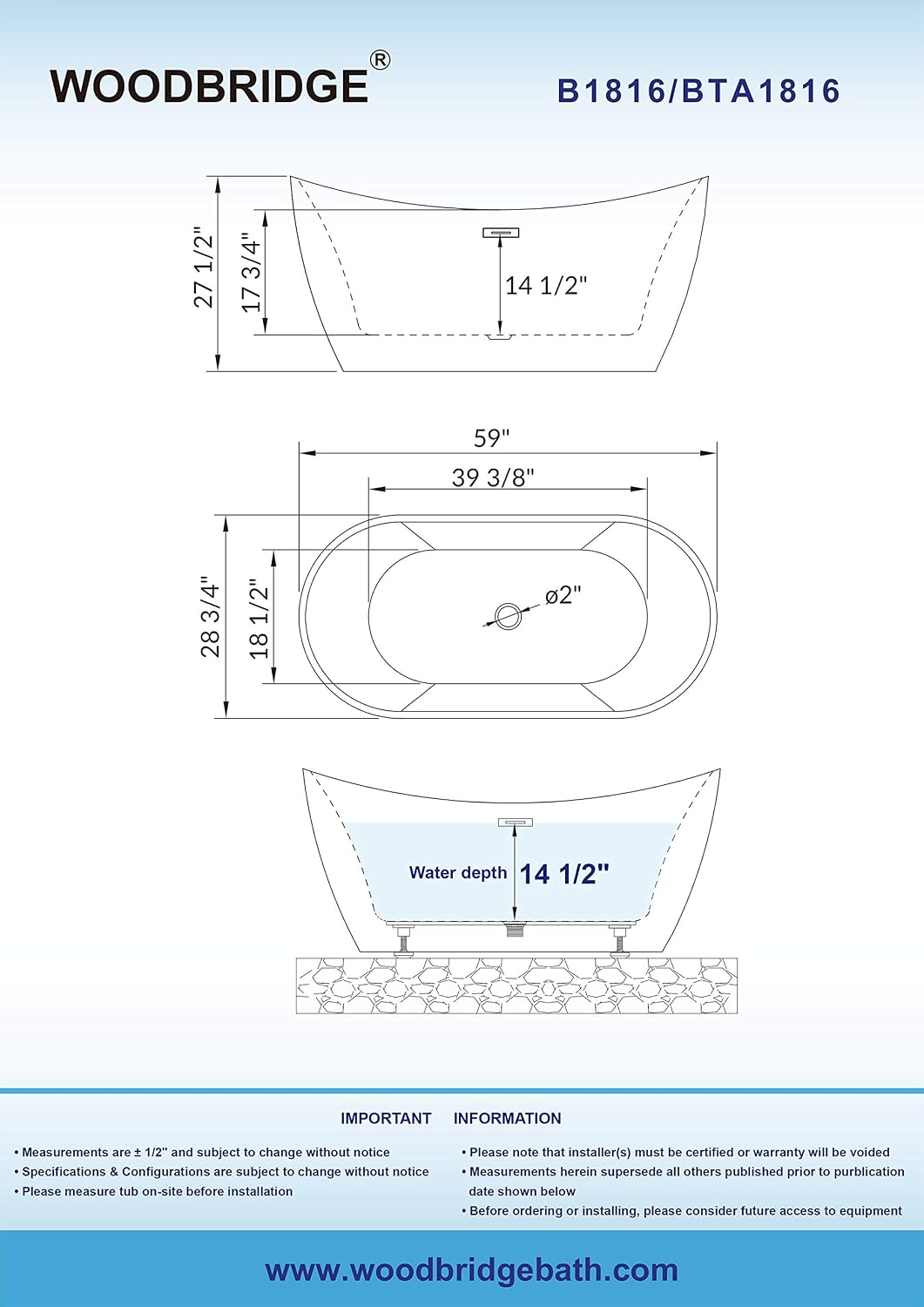 WOODBRIDGE 59' Acrylic Freestanding Bathtub Contemporary Soaking Black Tub with Matte Black Overflow and Drain，B1816-MB-Drain &O