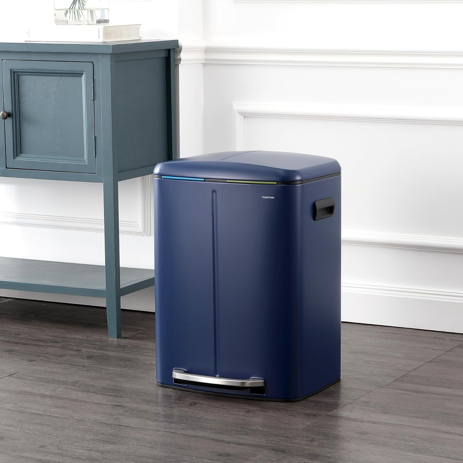happimess HPM1005J Marco Rectangular 10.6-Gallon Double Bucket Trash Can with Soft-Close Lid, Denim Blue, Fingerprint Resistant, Modern, Minimalistic for Home, Kitchen, Office, Bedroom, Bathroom