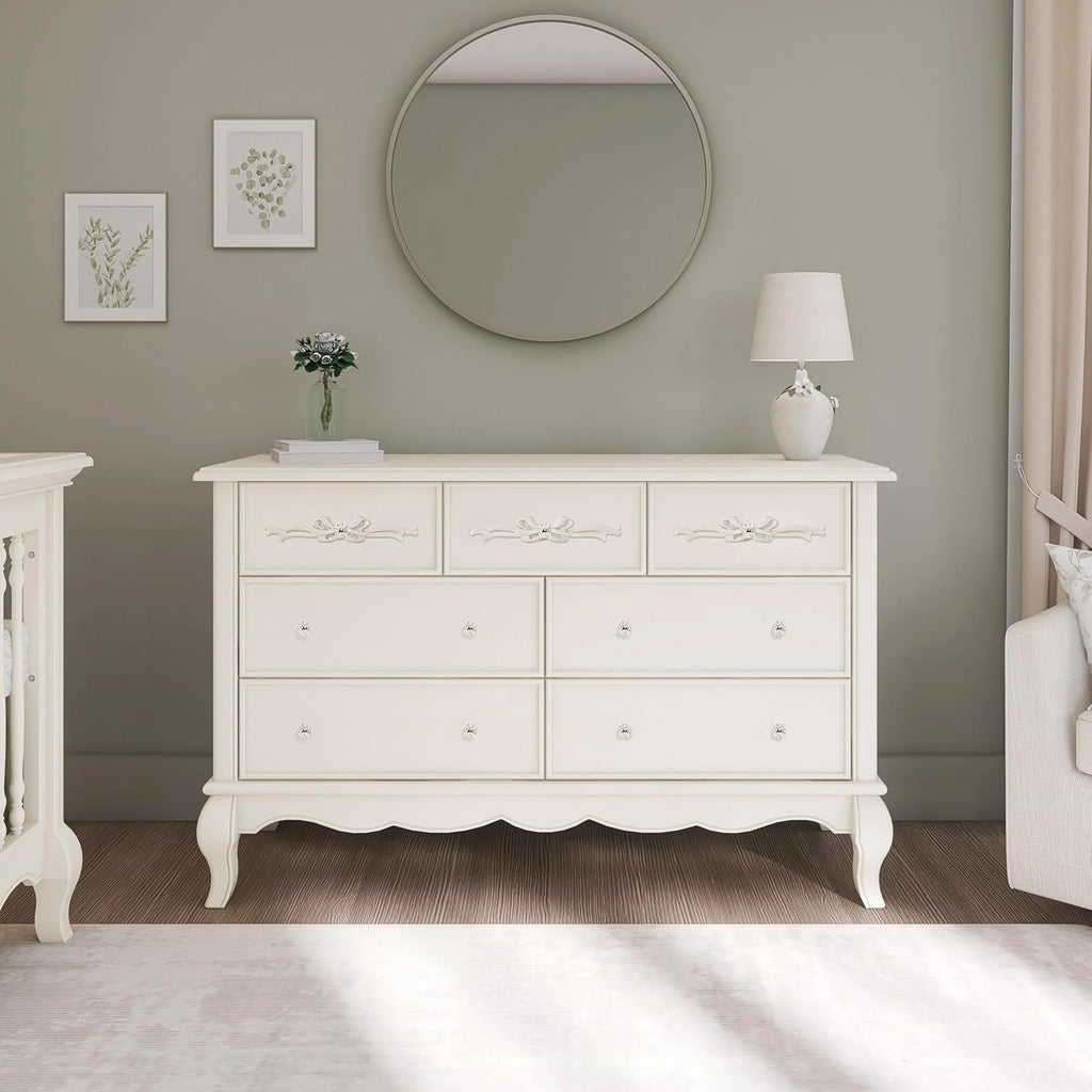 Evolur Aurora 7-Drawer Nursery Dresser – Ivory Lace | Assembled Double Dresser with Crystal Knobs, Queen Anne Legs, Large Storage for Baby Essentials