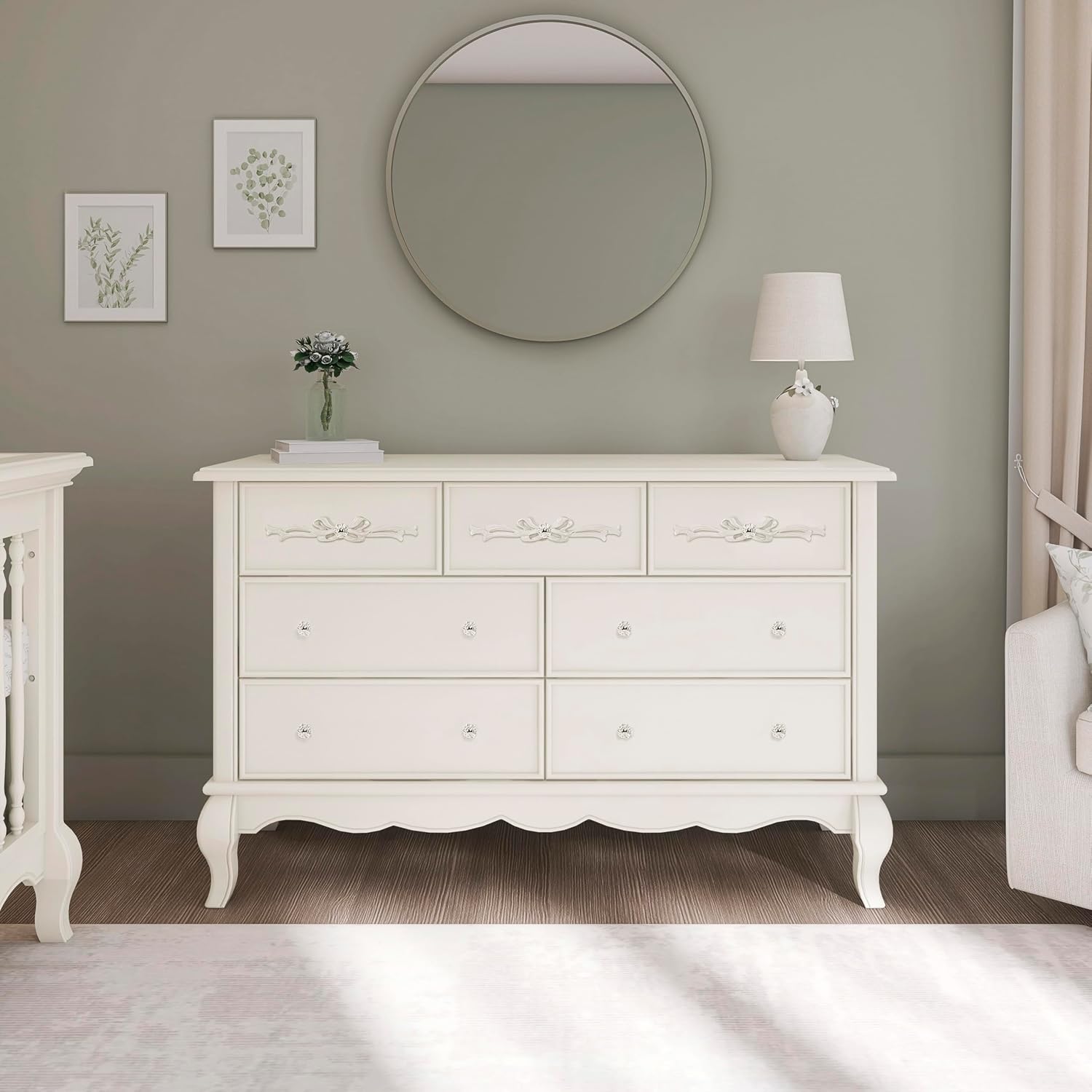 Evolur Aurora 7-Drawer Nursery Dresser – Ivory Lace | Assembled Double Dresser with Crystal Knobs, Queen Anne Legs, Large Storage for Baby Essentials
