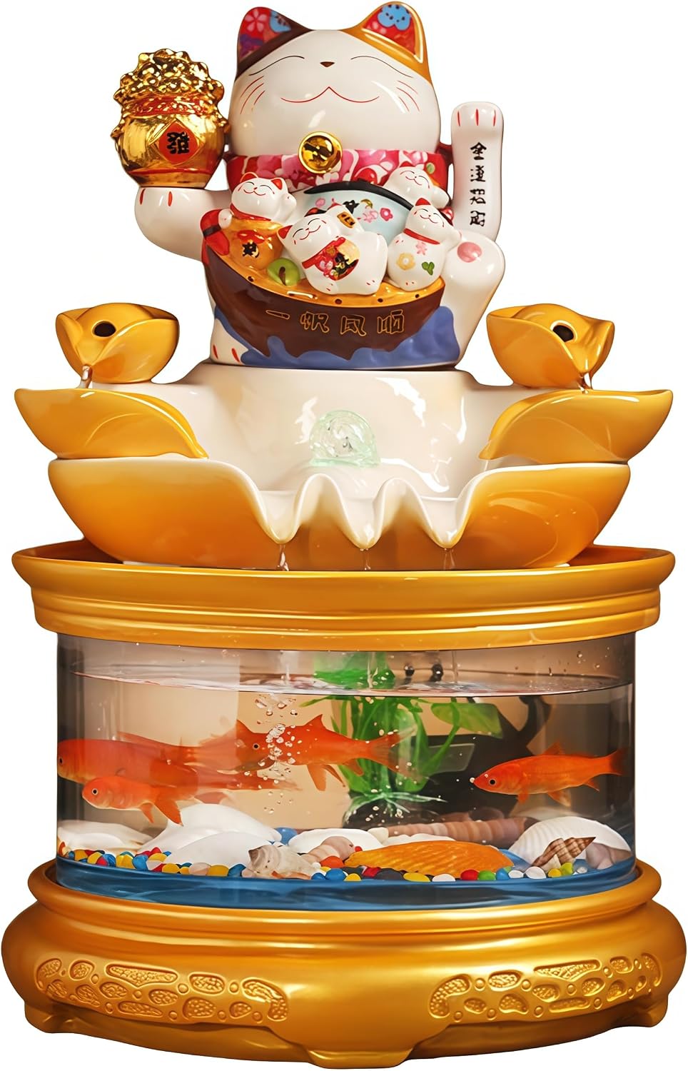 Fish Tank with Maneki Neko, Money Lucky Cat, Tabletop Water Fountain Indoor, Feng Shui Decor & Gifts for Home, Feng Shui Statue, Chinese New Year Decoration, Chinese Decor & Gifts (B)