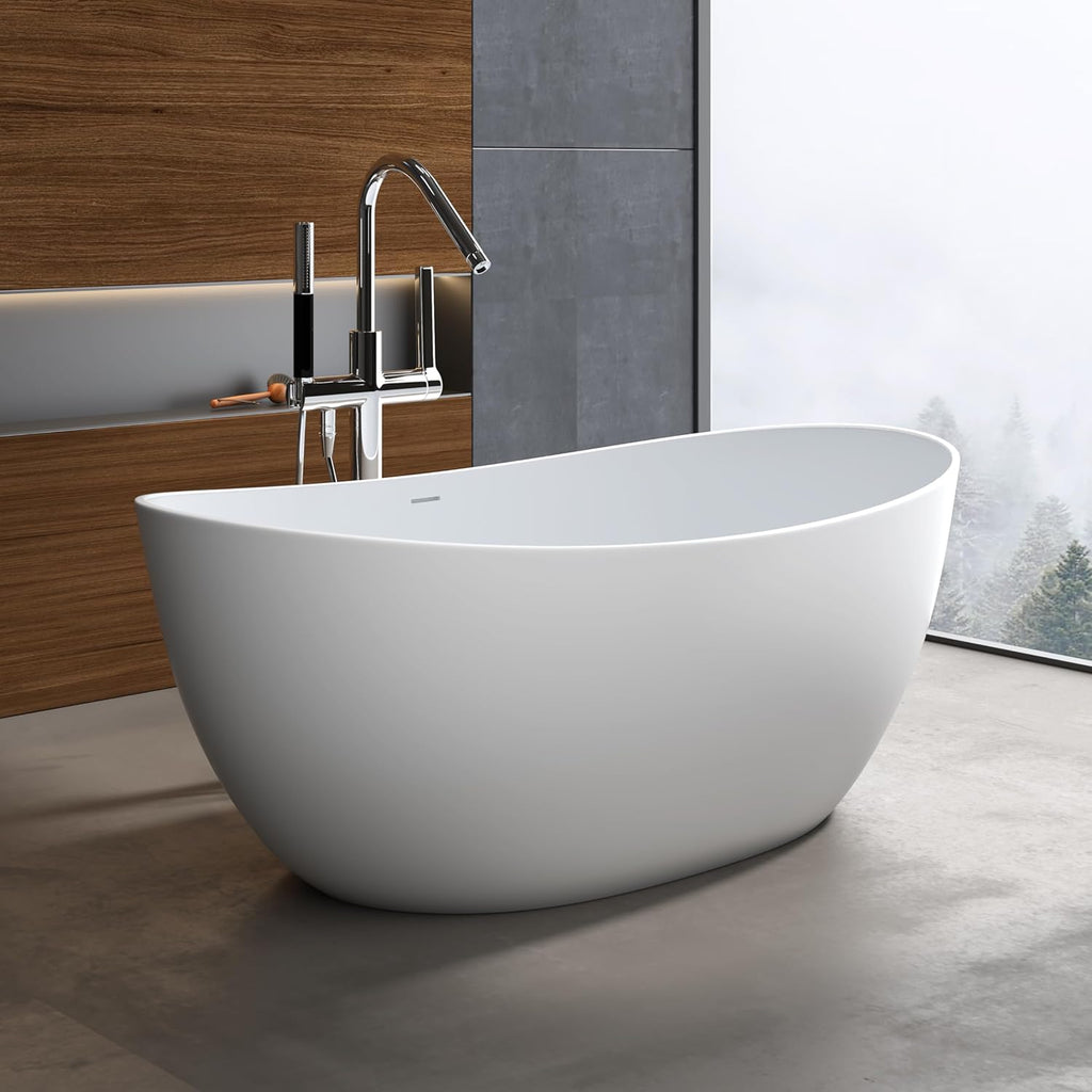 65'' Freestanding Stone Resin Bathtub, Solid Surface Free Standing Tub, Contemporary Design Soaking Tub, Stand Alone Tubs with Pop-up Drain and Overflow, Matte White