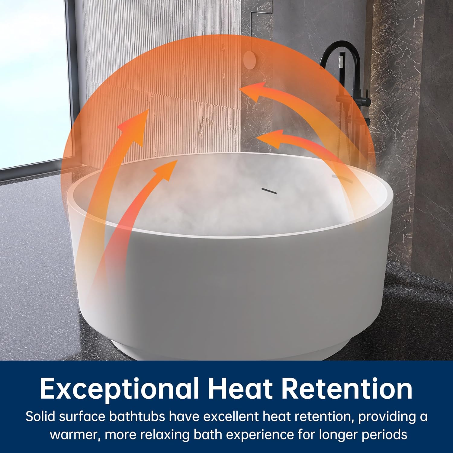 49'' Round Soaking Bathtub Resin Stone Freestanding Bathtub Soaking Deep Tub Solid Surface Bathtub with Overflow and Pop-up drain in White