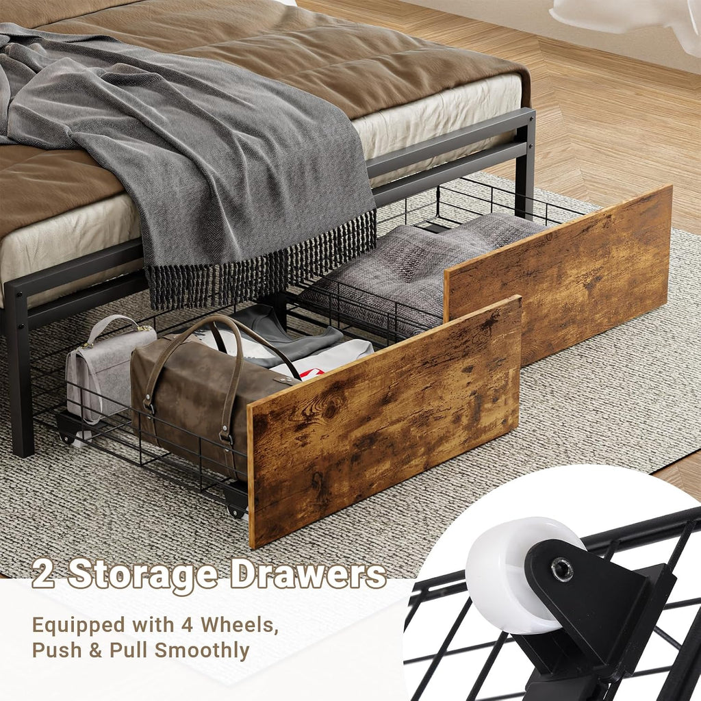 Zevemomo Full Bed Frame w/Storage Drawers and Headboard, Wooden Full Size Bed Frame w/Adjustable RGB LED Lights & Charging Station, Built-in USB Ports for Charging, Brown Full Metal Platform Bed