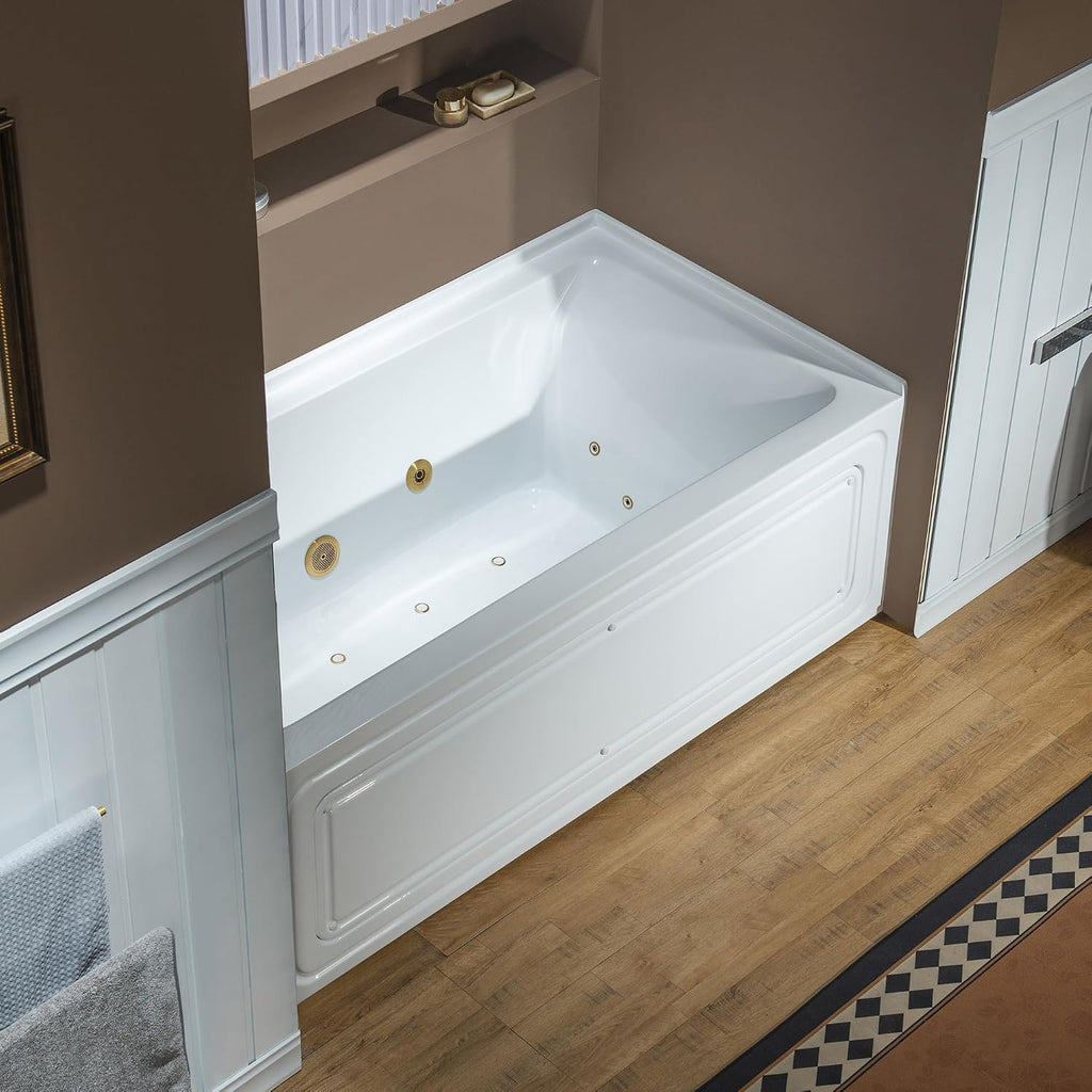 WOODBRIDGE 60' x 32' Alcove Acrylic Rectangular Whirlpool and Air Heated Tub in White with Left Drain, Brushed Gold Finish Trim and Drain Kit Included, DF606-L-BG03