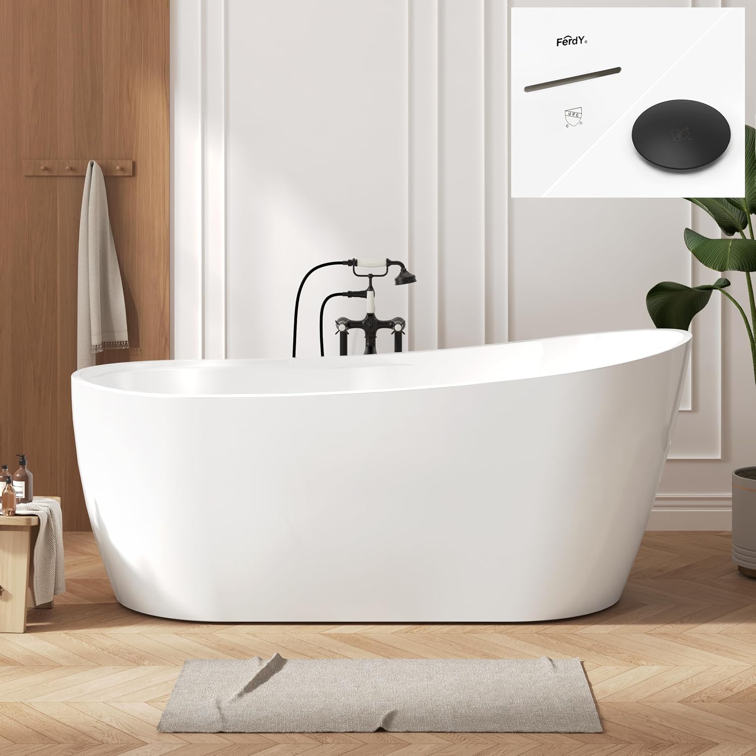 FerdY Lana'i 67' Freestanding Bathtub, Gracefully Shaped Freestanding Soaking tub, Glossy White, cUPC Certified, Matte Black Drain Assembly Included