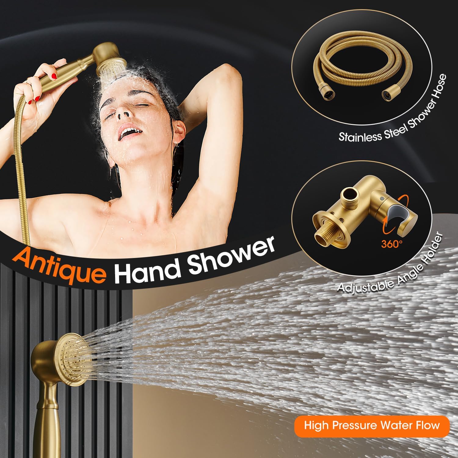 Rainfall Shower System Shower Faucet Set with Rain Shower Head and Handheld Spray, 9 inch Wall Mounted Bathroom Antique Luxury Mixer Combo Set with Pressure Balance Valve, Brushed Gold