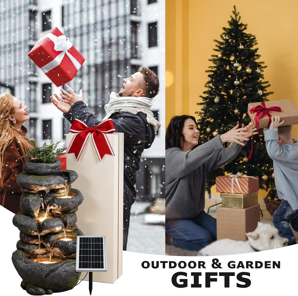 5-Tier Solar Water Fountain Outdoor Garden Cascading Rock Feature, 29.5''Tall Solar Powered Outside Fountains and Waterfalls with Lights for Garden, Patio, Yard, Deck Home Décor