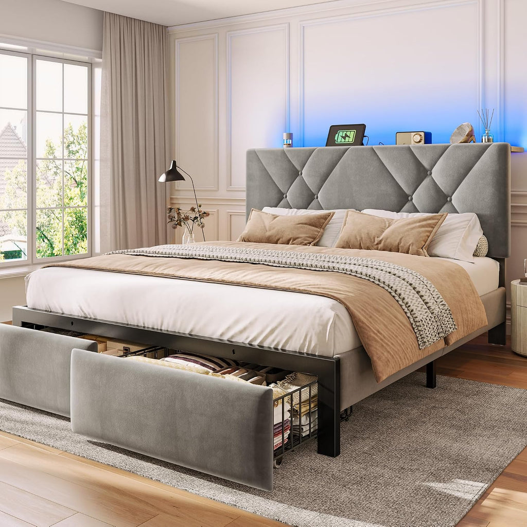 EnHomee Full Bed Frame with 2 Storage Drawers and LED Lights, Velvet Platform Bed Frame with Charging Station, Upholstered Adjustable Headboard, No Box Spring Needed, Easy Assembly，Grey