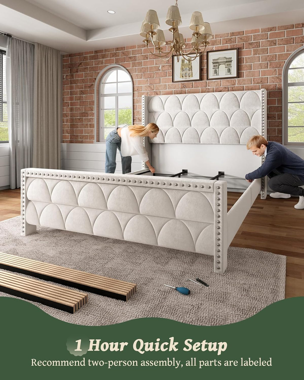 OHOHOLIVE King Size Bed Frame with 56' Headboard - Velvet Upholstered Wingback Platform Bed Frame, Noise Free, Sturdy Wooden Slat Support (Cream, King)