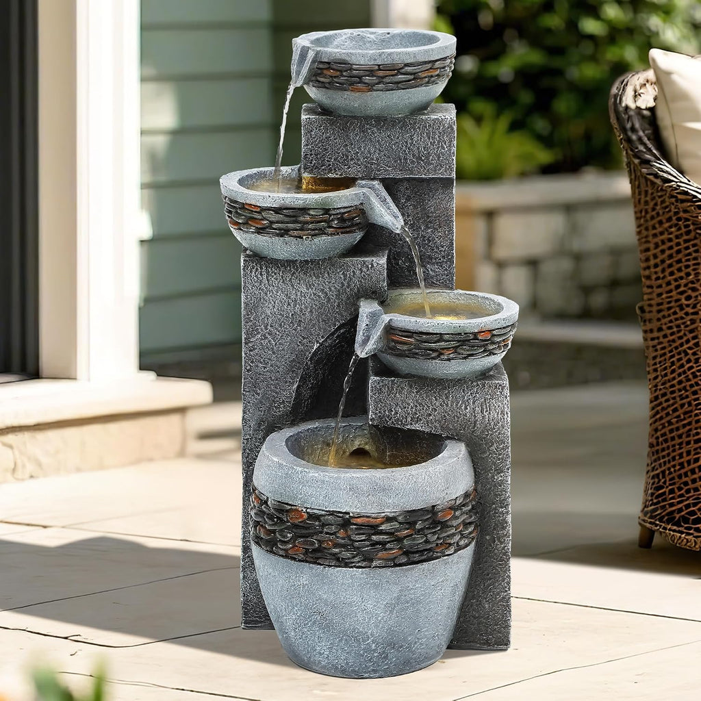 4-Tier 19.5' Indoor/Outdoor Fountain with LED Lights, Resin Pebble Tabletop Design,Soothing Cascading Waterfall for Garden/Patio/Deck/Home Decor