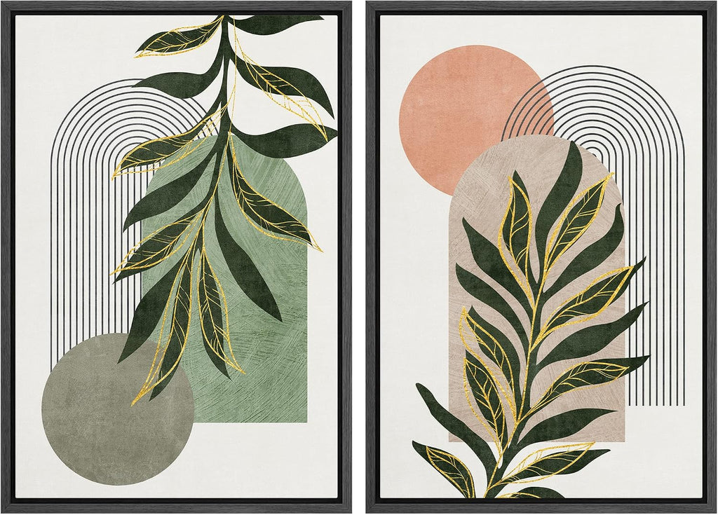 SIGNFORD Framed Canvas Print Wall Art Set Jungle Palm Leaf Geometric Polygons Abstract Shapes Illustration Modern Art Decorative Nordic Nature for Living Room, Bedroom, Office - 24'x36'x2 Black