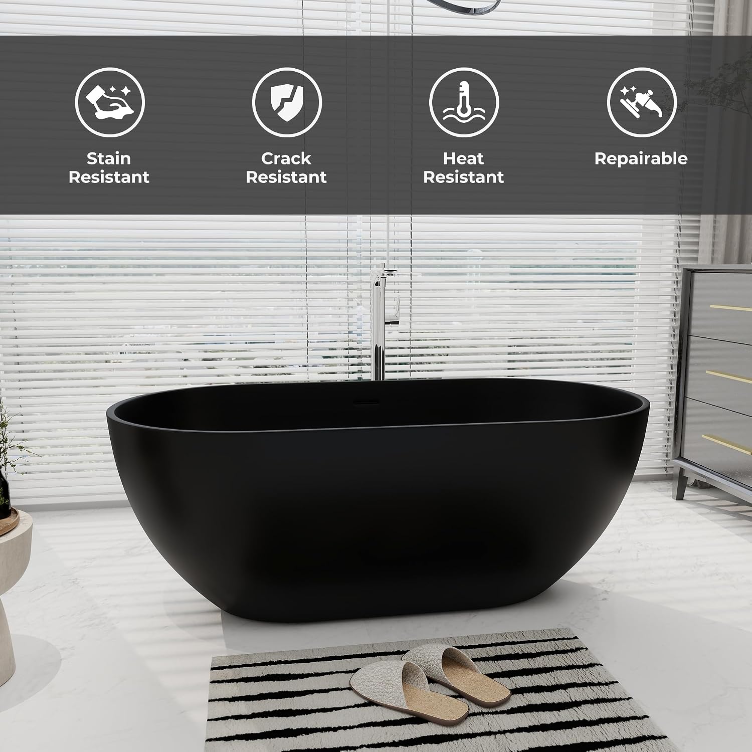 SJ STAR&JANE 59' Solid Surface Freestanding Bathtub Oval Stone Resin Soaking Tub Modern Stand Alone Tub with Overflow & Pop-up Drain, Matte Black for Bathrooms