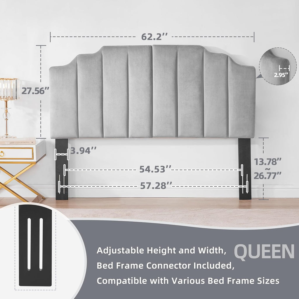 Huatean Home Velvet Upholstered Headboard Queen, Tufted Headboard, Elegantly Curved headboard only, Soft Padded headboards Queen Size, Modern Vertical Channel Design Head Board, Soft Grey