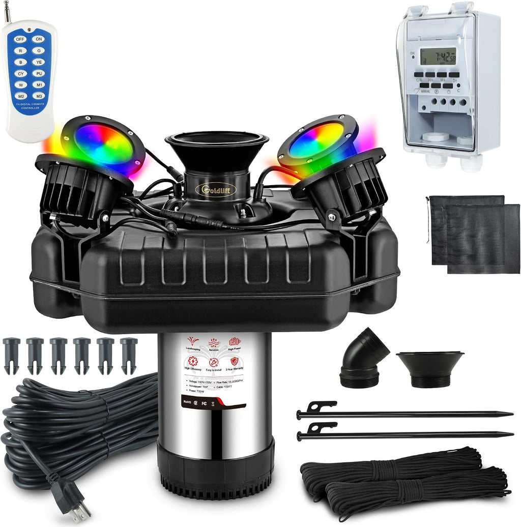 Goldlife Pond Fountain Aerator, F3 With 4 RGB Lights, 1HP 750W 110V Stainless Steel Floating Fountain With 100FT Power Cord Black Octagon Aerating Fountain Pump for Small Large Pond Lake Pool FishFarm