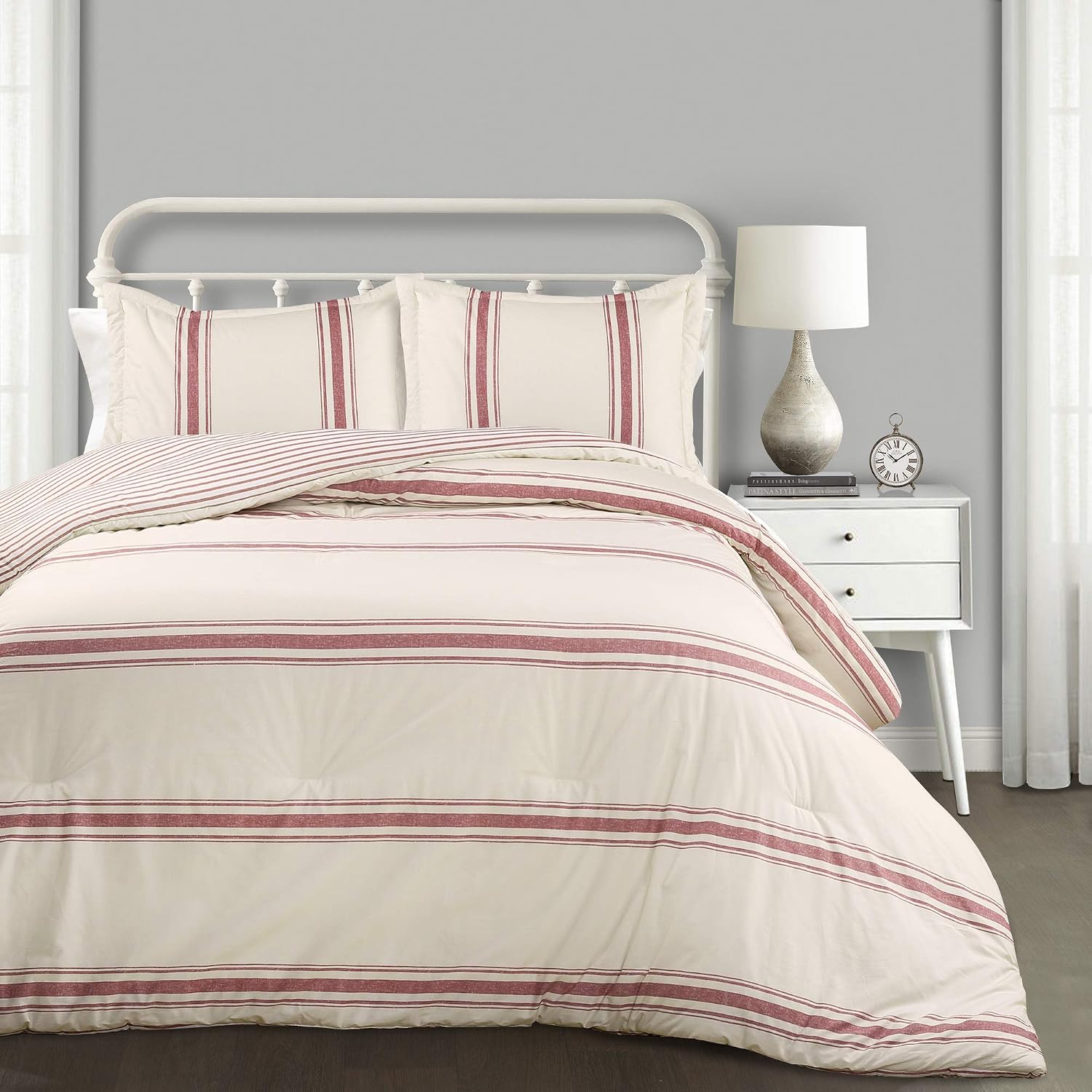 Lush Decor Farmhouse Stripe Reversible Cotton Comforter Set, 3 Piece Set, King, Red - Cozy Farmhouse Bedding Set - Rustic Decor - Striped Comforter - Modern Farmhouse Bedroom Decor