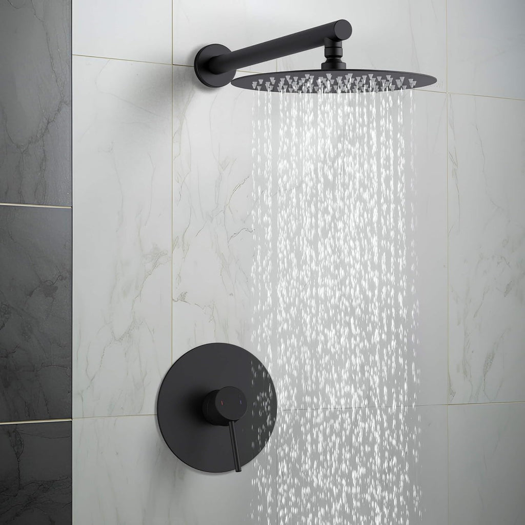 KIBI Circular Shower System for Bathroom | Wall Mounted Single Function Shower Faucet Set with Solid Brass Pressure-Balanced Valve for Consistent Water Flow | Matte Black, KSF407