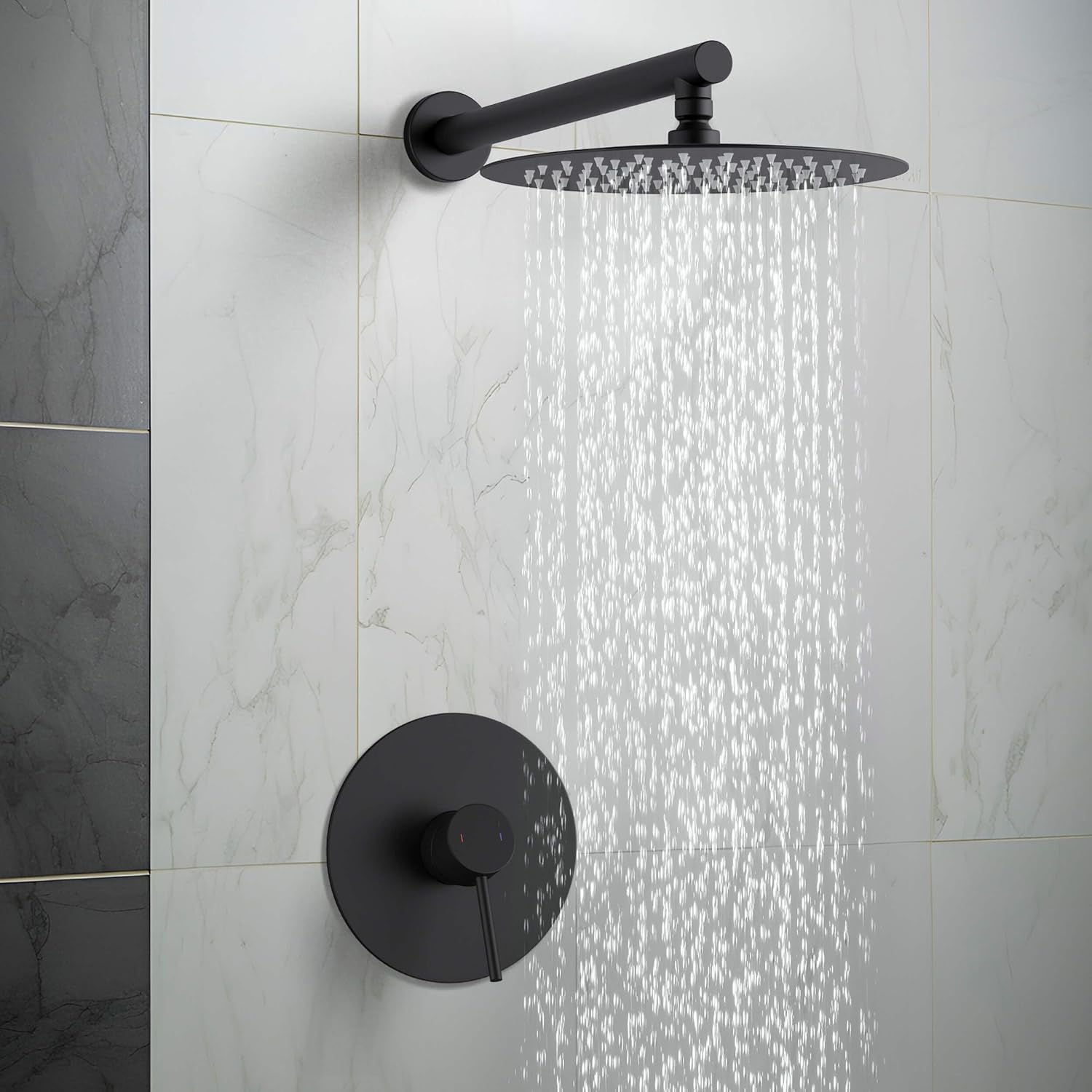 KIBI Circular Shower System for Bathroom | Wall Mounted Single Function Shower Faucet Set with Solid Brass Pressure-Balanced Valve for Consistent Water Flow | Matte Black, KSF407