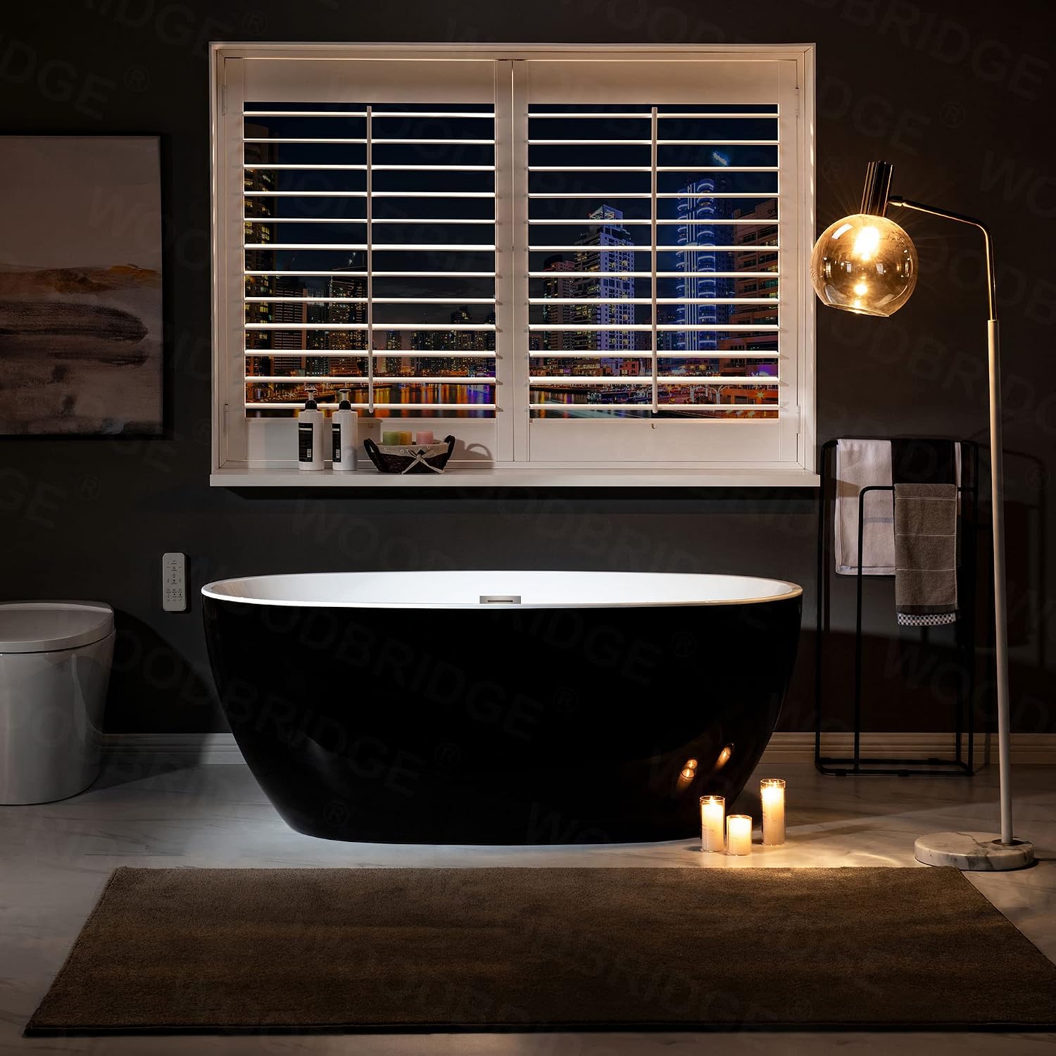 WOODBRIDGE 59' Acrylic Freestanding Bathtub Contemporary Soaking Black Tub with Brushed Nickel Overflow and Drain,Black,B1818-BN