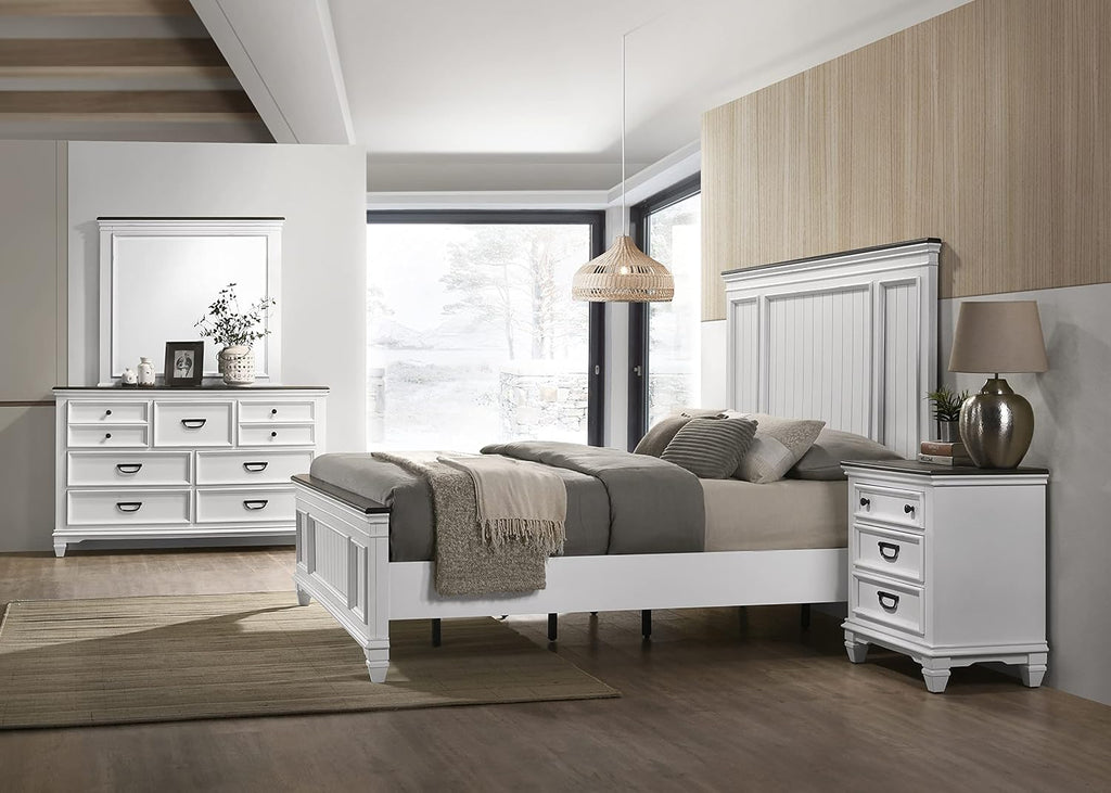 Clelane Wood Bedroom Set with Shiplap Panel King Bed, Dresser, Mirror, and Two Nightstands in Weathered White and Dark Gray