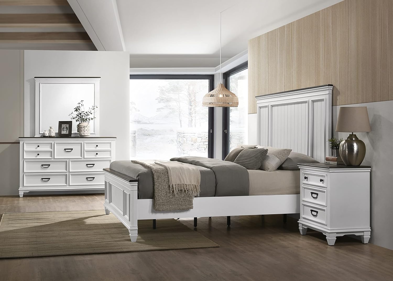 Clelane Wood Bedroom Set with Shiplap Panel King Bed, Dresser, Mirror, and Two Nightstands in Weathered White and Dark Gray