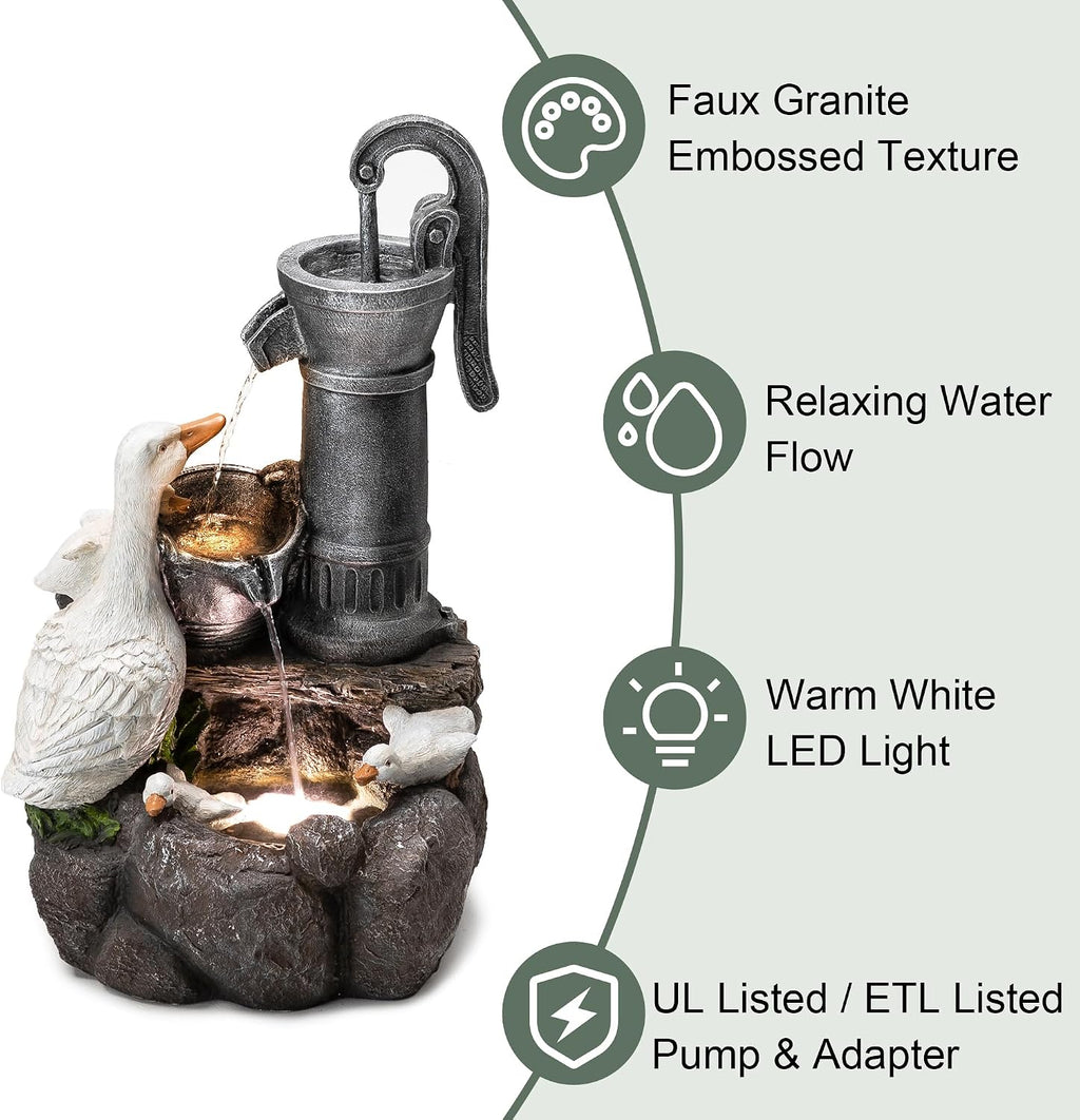 Glitzhome Outdoor Fountain 23.25' Height, Waterfall Fountains Indoor Water Fountain Freestanding Water Feature Fountains with Pump and LED Lights, Outside Garden Backyard Decor, Cute Duck