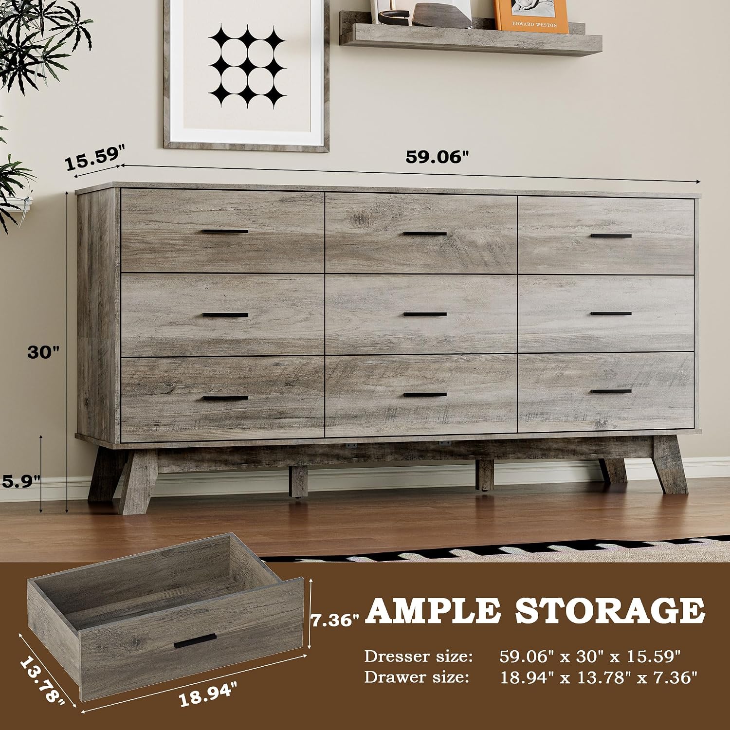 BORNOON Dresser for Bedroom with 9-Drawer, 59' Wide Modern Chest of Drawers with Metal Handles, X-Shape Base & Adjustable Center Leg, Anti-Tip Closet Organizers and Storage