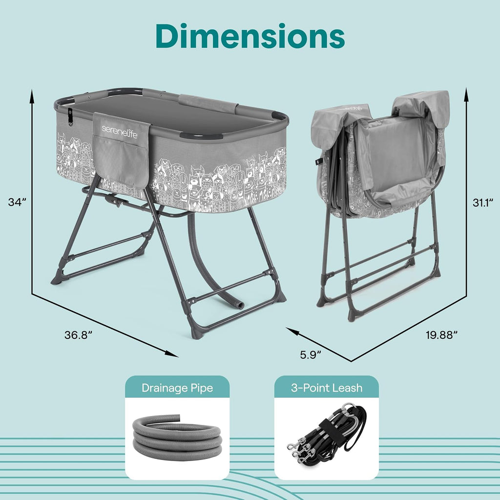 SereneLife Foldable Dog Bath Tub with Adjustable Height, 360° Access, Drain Hose & Storage Pockets – 130 lb Capacity Grooming Station for Indoor/Outdoor Use (Gray)