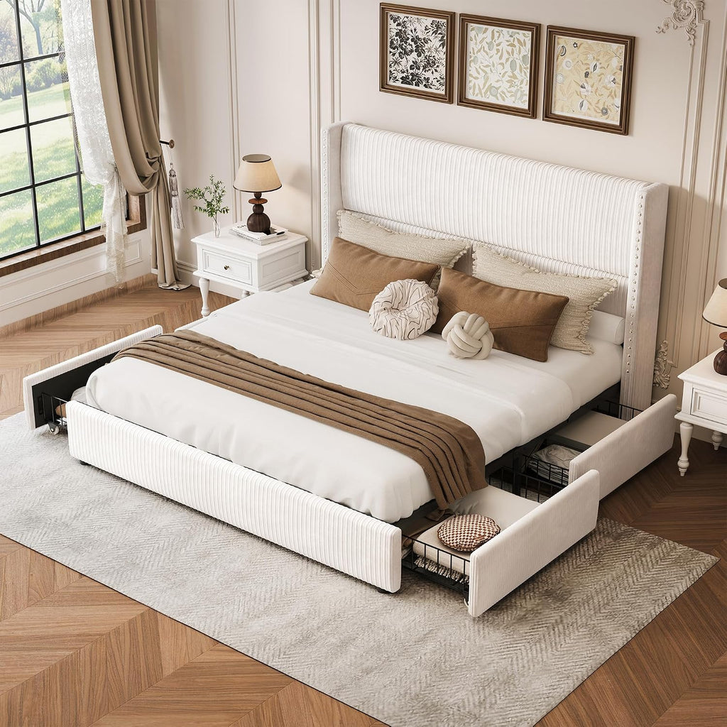 LARMACE Queen Bed Frame with 4 Storage Drawers,Upholstered Bed Frame Queen Size with Headboard Corduroy Platform Bed Frame with Vertical Stripe,Solid Wood Leg/No Box Spring Needed/Noise Free,White