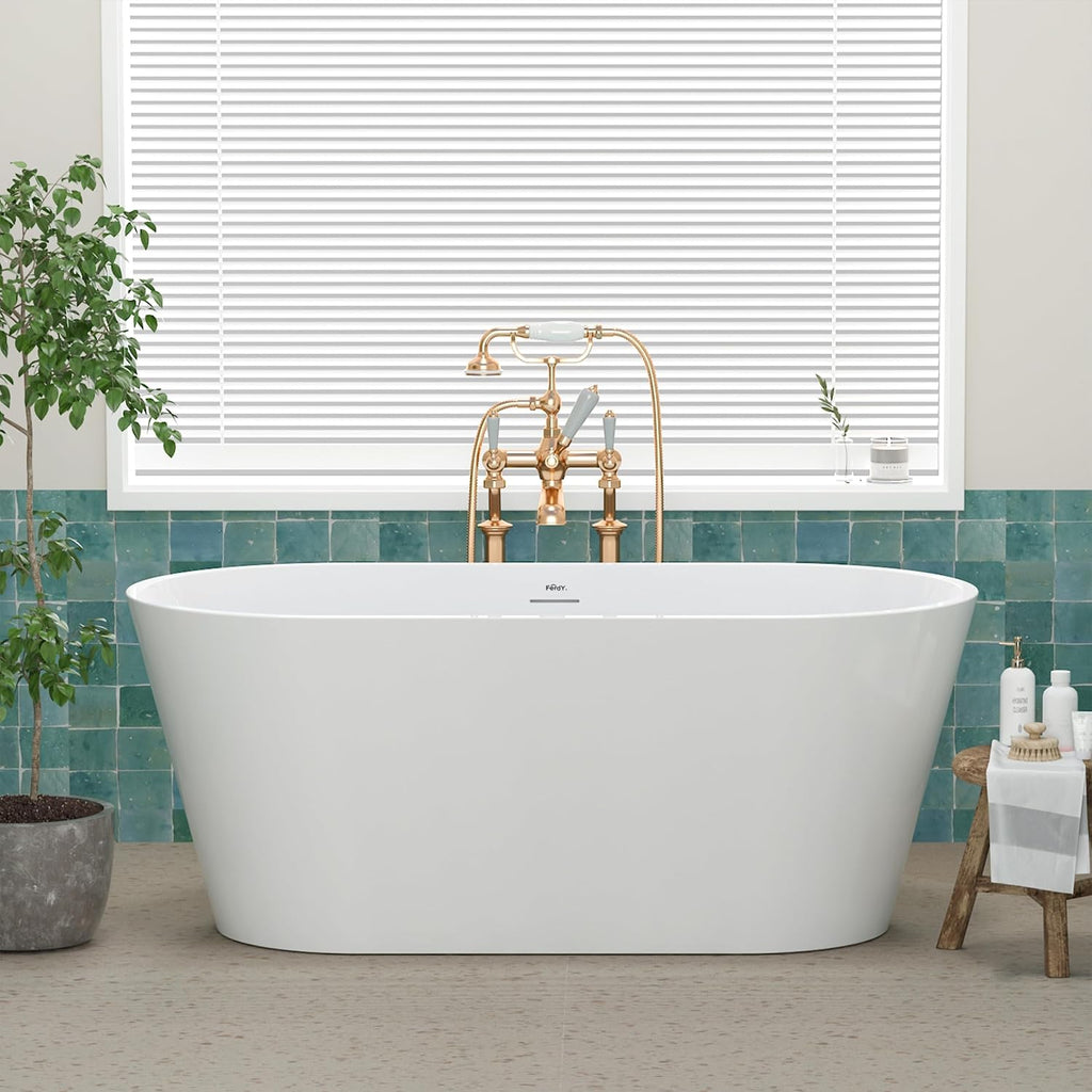 FerdY 59' Shangri-La Elite, Acrylic Freestanding Bathtub, Modern & Contemporary Design Soaking Tub with Brushed Nickel Pop-Up Drain and Minimalist Design Overflow, Glossy White, cUPC Certified