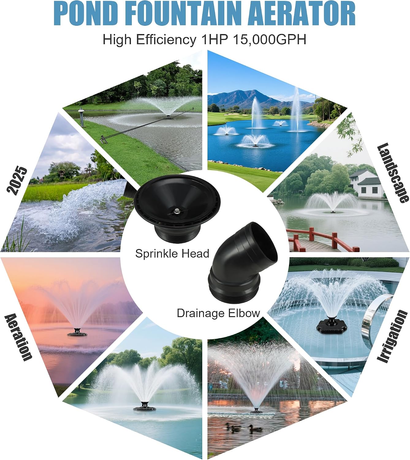 Goldlife Pond Fountain Aerator, F3 No Light, 1HP 750W 110V Stainless Steel Floating Fountain With 100 FT Power Cord, Black Octagon Aerating Fountain Pump for Small Large Ponds Lake Pool Bay Fish farm